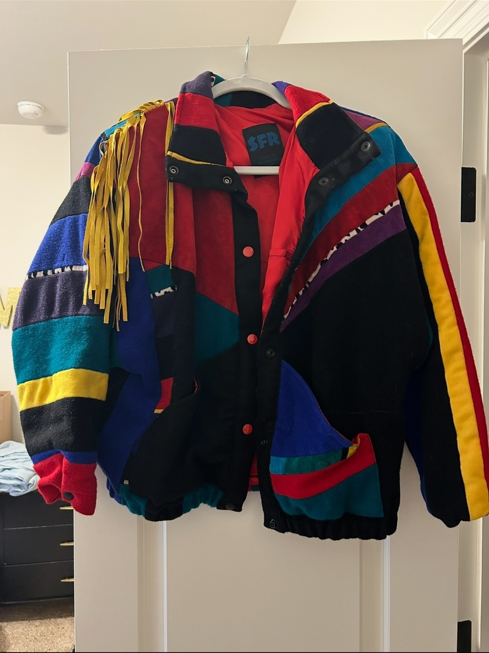 SFR Vintage Colorblock Fringe Bomber Jacket - Multicolor